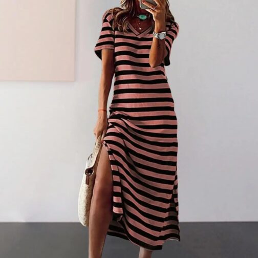 Women's Casual Stripe Print V-neck Short Sleeve Loose Long Dress - Image 7