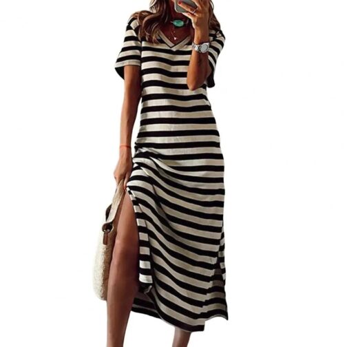 Women's Casual Stripe Print V-neck Short Sleeve Loose Long Dress - Image 6