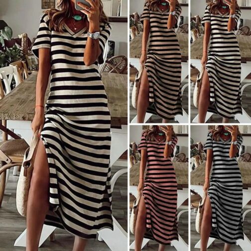 Women's Casual Stripe Print V-neck Short Sleeve Loose Long Dress - Image 10