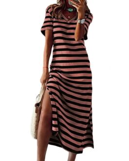 Women’s Casual Stripe Print V-neck Short Sleeve Loose Long Dress